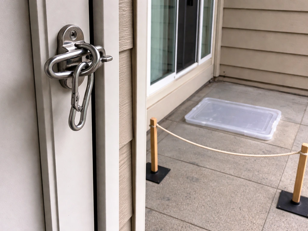 Double-secured patio door latch with a secondary carabiner and a nearby chemical/BBQ safety barrier area.