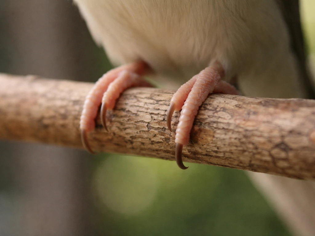 Close-up of a bird foot gripping a perch with toes wrapping about three-quarters around the diameter.