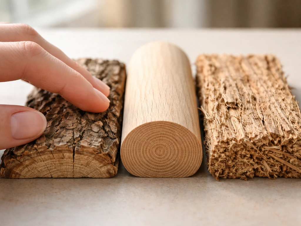 Close-up of three wooden surfaces—bark, smooth dowel, and harsh abrasive—showing different textures for gentle nail wear