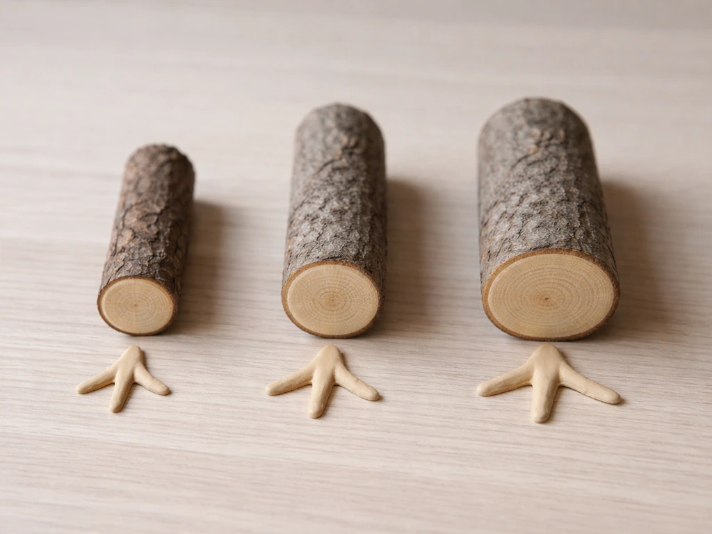 Three wooden bird perch diameters with anonymous foot templates beside each for size matching.