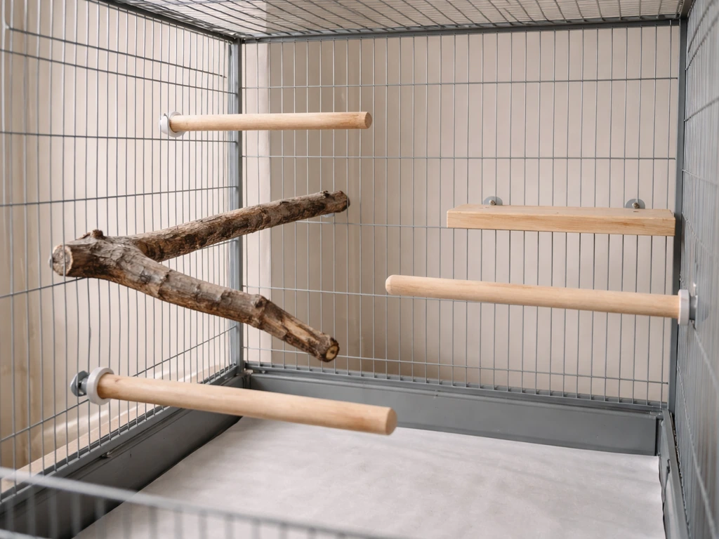 Bird cage interior with four different perches at varied heights and shapes for easy movement