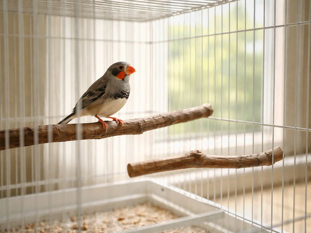 A calm finch in a simple indoor flight cage with natural light, showing species-appropriate space and care