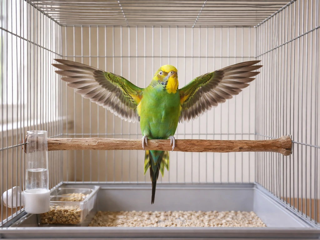 Small parakeet inside a spacious cage with safe bar spacing, perched while wings extend without touching bars.