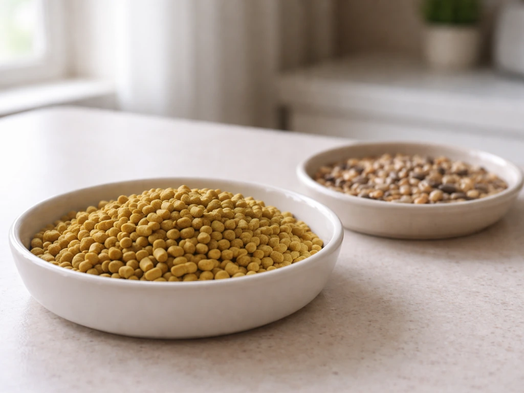Close-up of a simple bird feeding setup showing pellets in one dish and seeds in another.