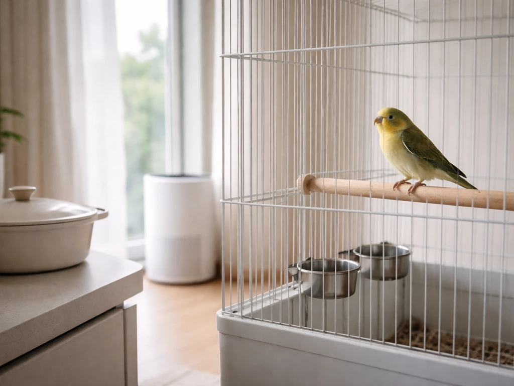 A small cage-free songbird near an open window with an air purifier, showing safer indoor air setup