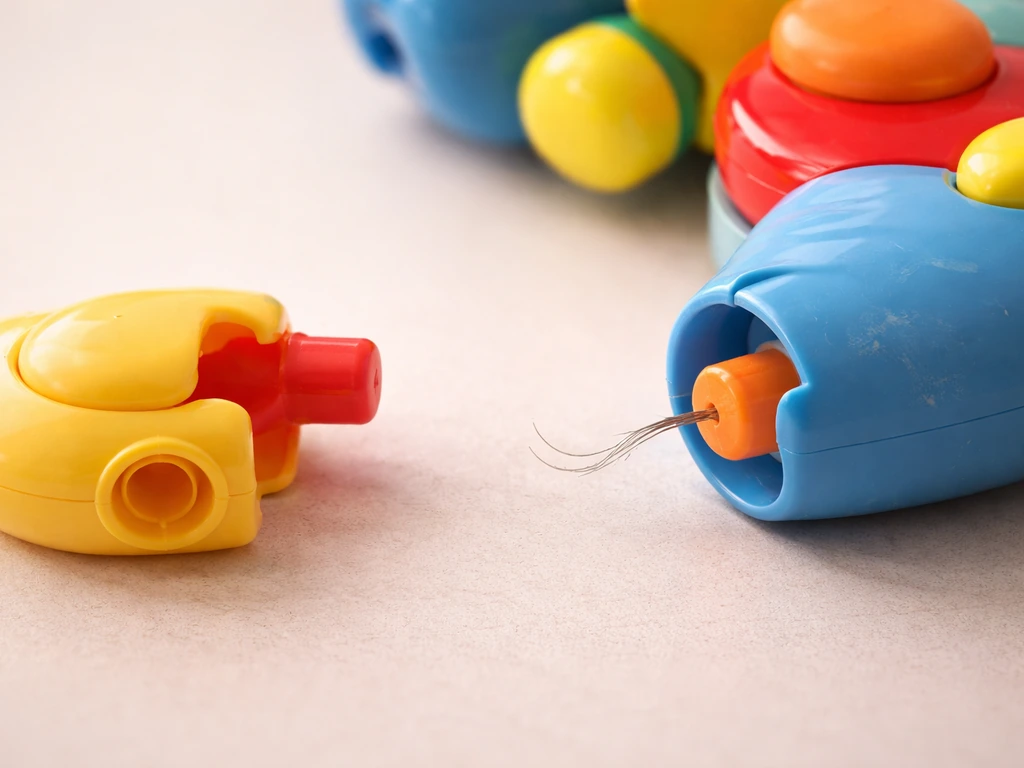 Toy components separated to reveal snag gaps and a small exposed wire-like strand on a painted surface.