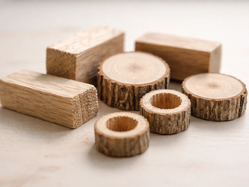 Close-up of untreated wooden chew pieces—blocks, slices, and rings with no finish or dye.