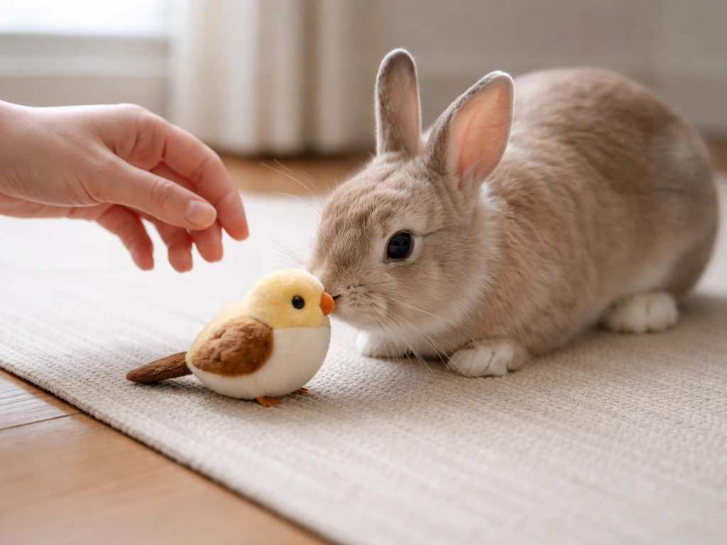 A rabbit calmly sniffs and chews a new bird toy while an adult hand supervises on a flat surface.