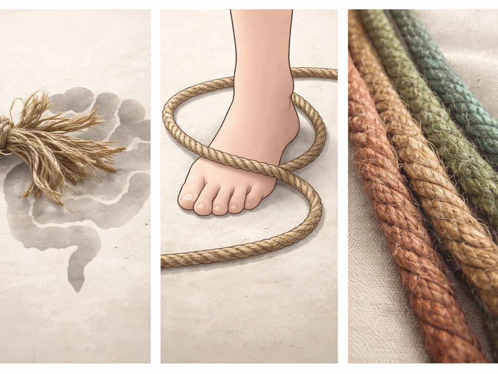 Three minimalist panels: fiber ingestion cue, rope loop entanglement around an anonymous foot, dyed fiber close-up.