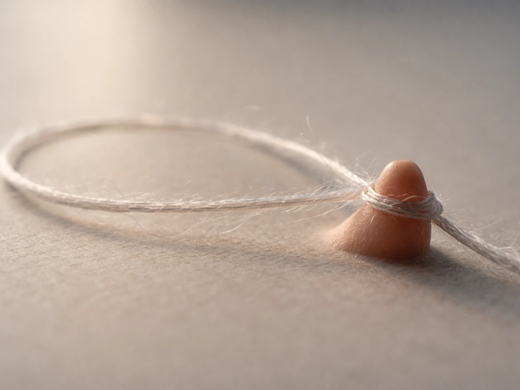 Macro photo of a loose looped fiber snug around a small toe-like silhouette, suggesting entanglement risk