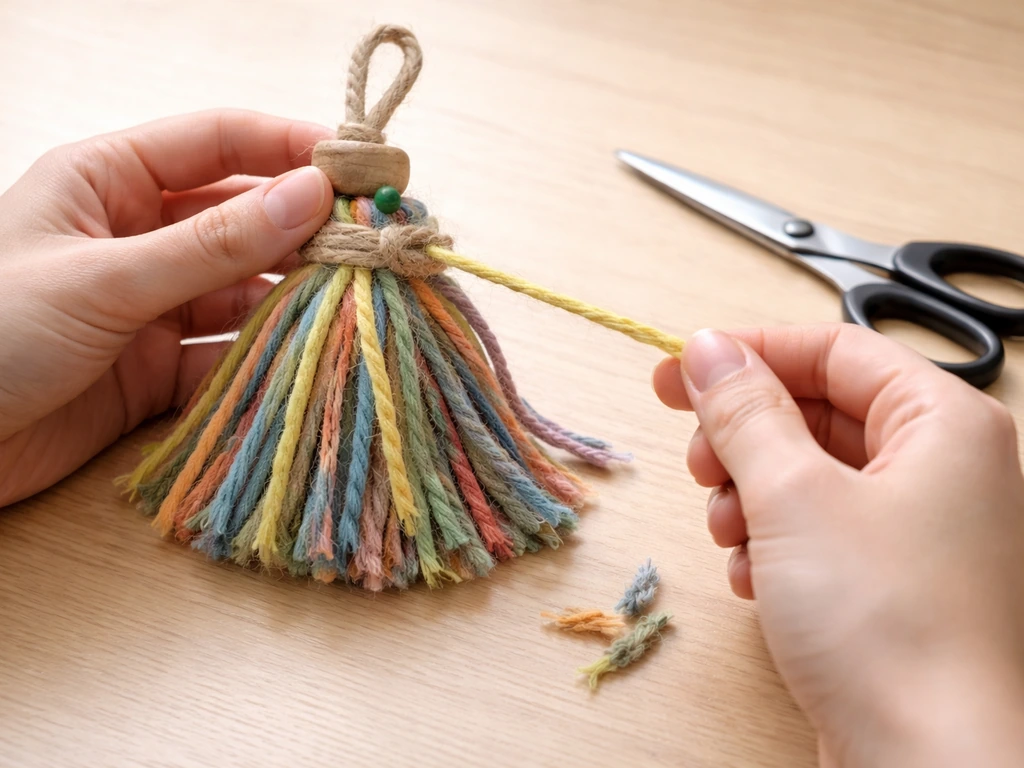 Hands tugging loose yarn on a DIY toy while trimming and pinning tie-offs on a table.