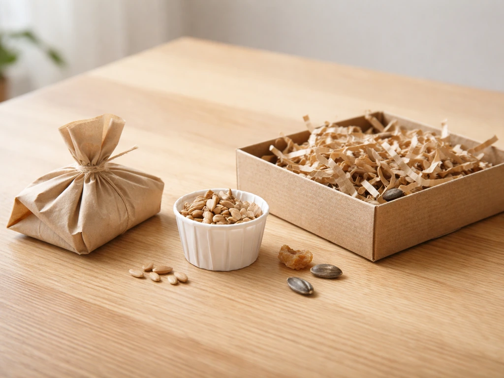 Paper cup, folded paper parcel, and small cardboard box set on a wooden table for bird foraging.
