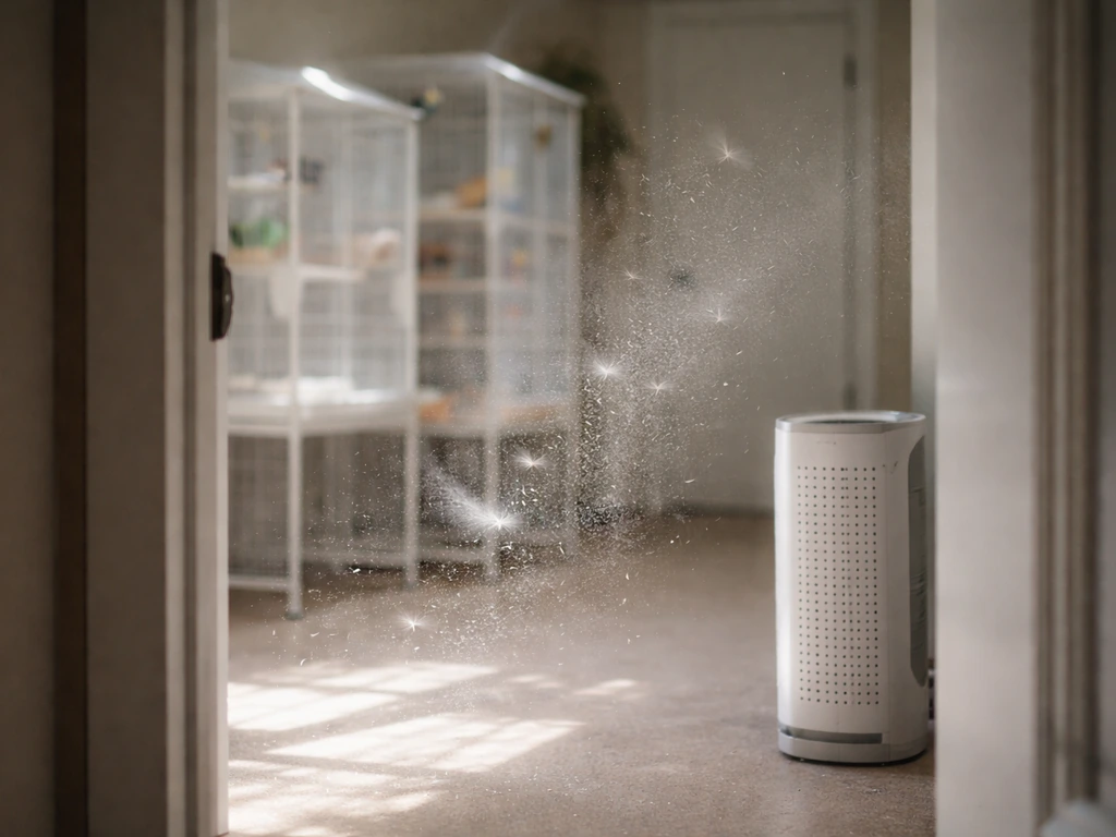 Sunlit haze of dust and down particles in a quiet bird room with a small air purifier nearby.