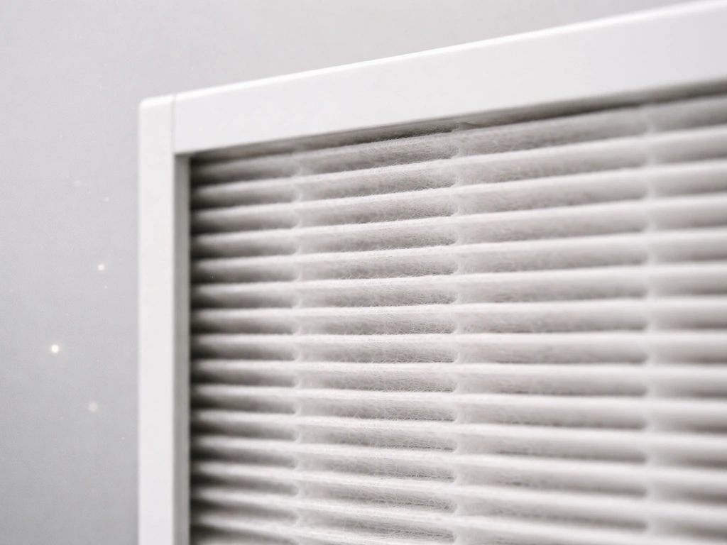 Close-up of a true HEPA filter media cross-section with layered fibers catching fine particles, minimal purifier interio