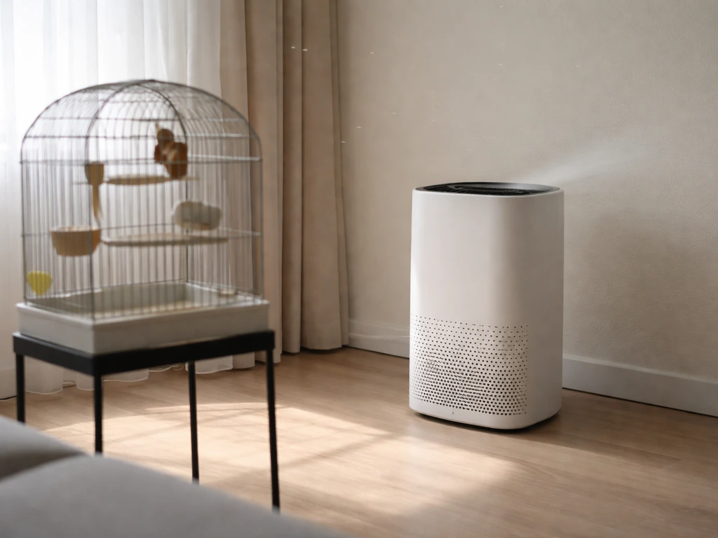 Air purifier on a floor near a bird cage, angled so airflow doesn’t blow directly toward it.