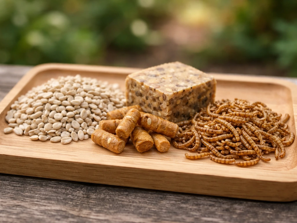 Close-up of sunflower hearts, suet pellets/block, and mealworms neatly arranged on a wooden tray.