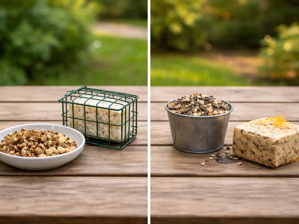 Minimal split-style photo of mealworms and nuts on one side, seeds and suet on the other.