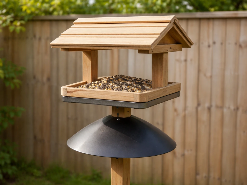 Bird table under a light cover with a seed tray guard and a visible squirrel baffle on the support.