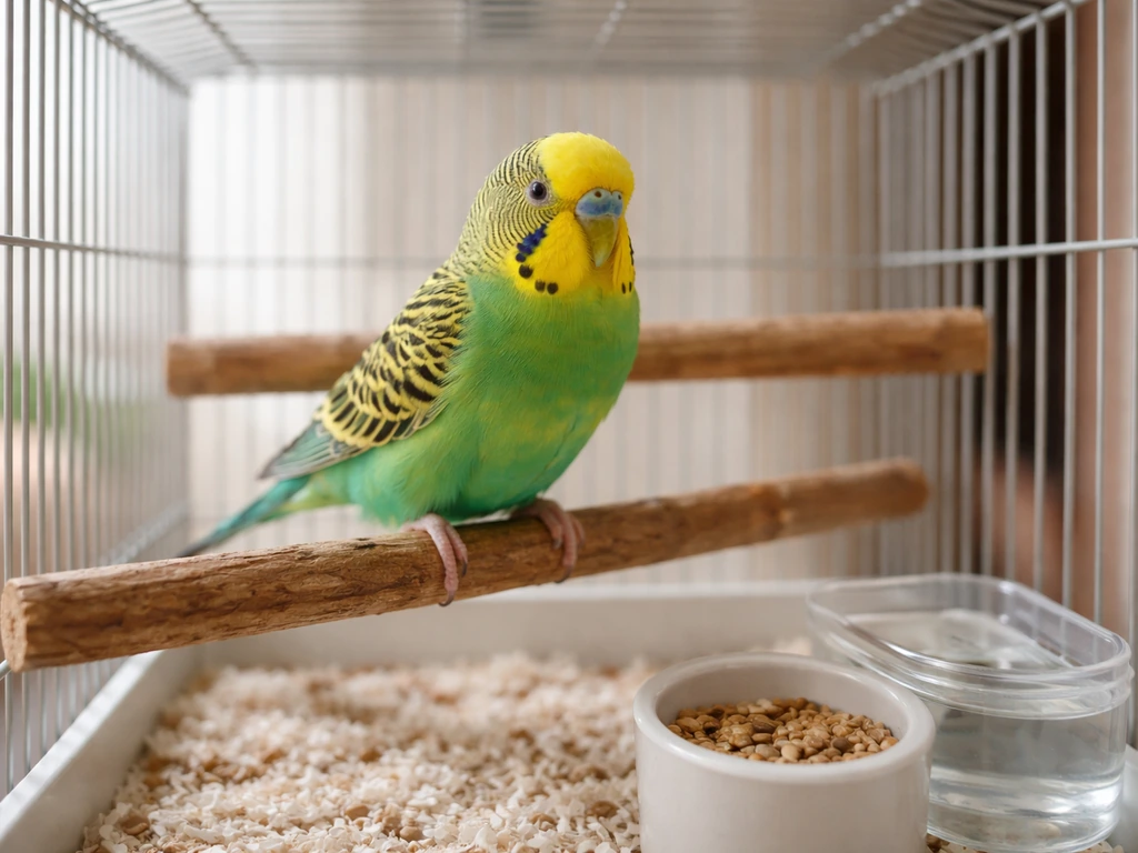 A budgerigar perched inside a small, tidy cage with perches and fresh food and water.