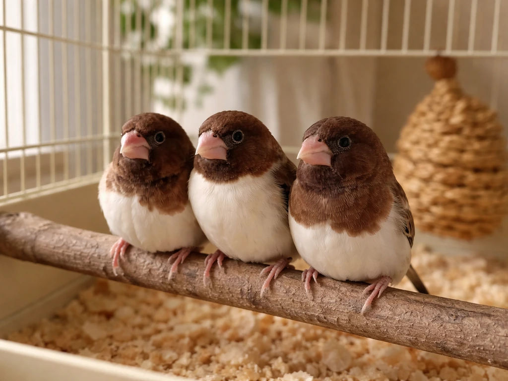 Three society finches perched together in a small indoor cage in soft natural light