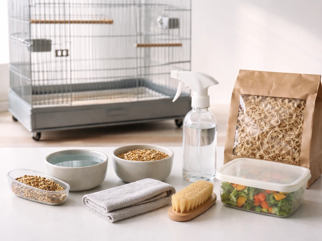Minimal kitchen tabletop with a bird cage door ajar and neatly arranged water, food, and cleaning supplies.