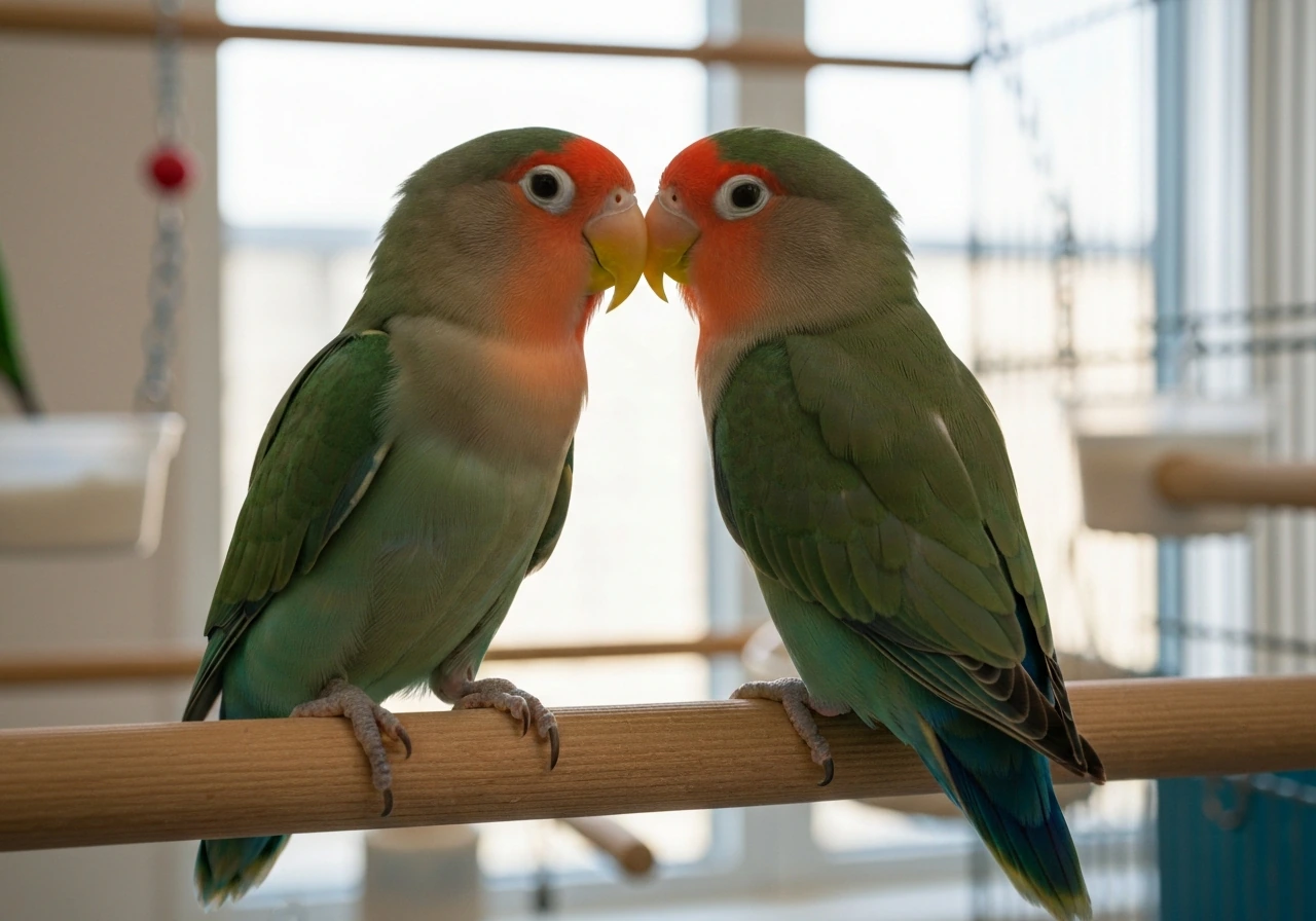 Two well-feathered lovebirds calmly perched close together on a simple wooden perch, indoors.