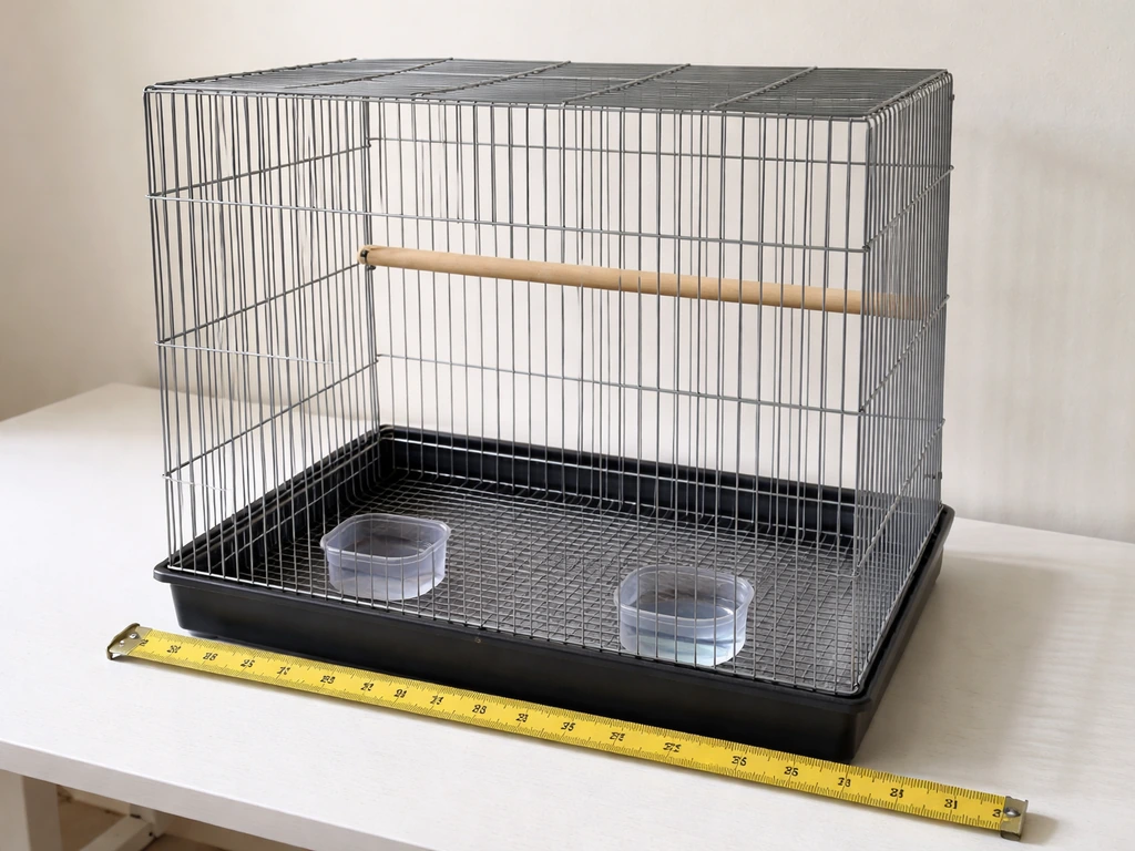 Minimal photo of an empty bird cage setup showing perch, food and water placement, and safe spacing details