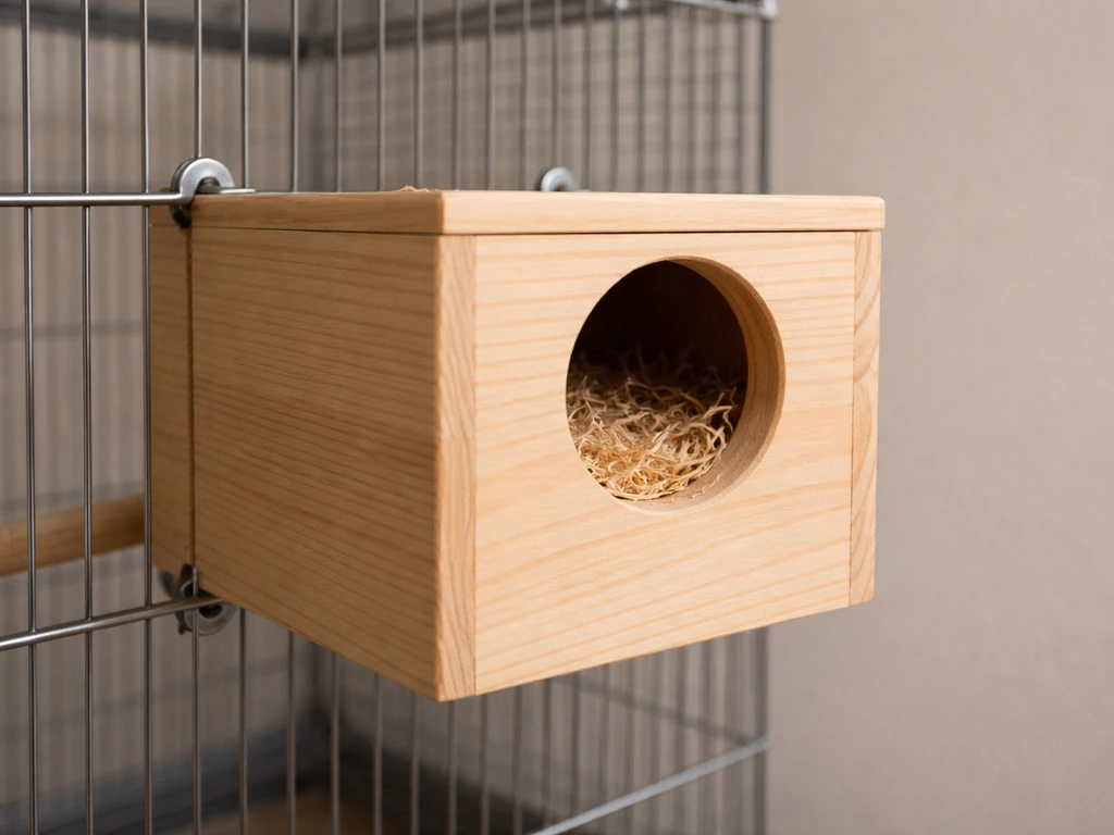Lovebird nest box mounted on the outside of a cage, with oriented entrance and lining material visible.