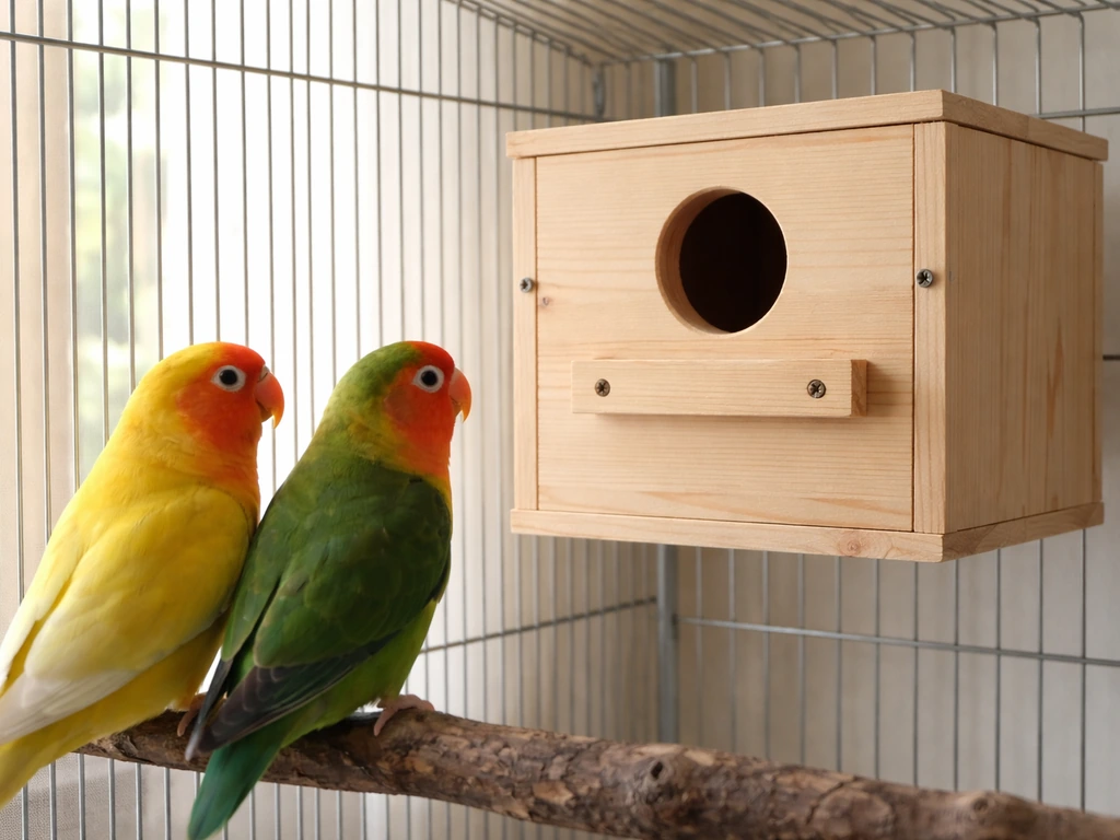 Lovebirds perched near a mounted nest box, showing a clear cage placement and adjustable entry clearance.