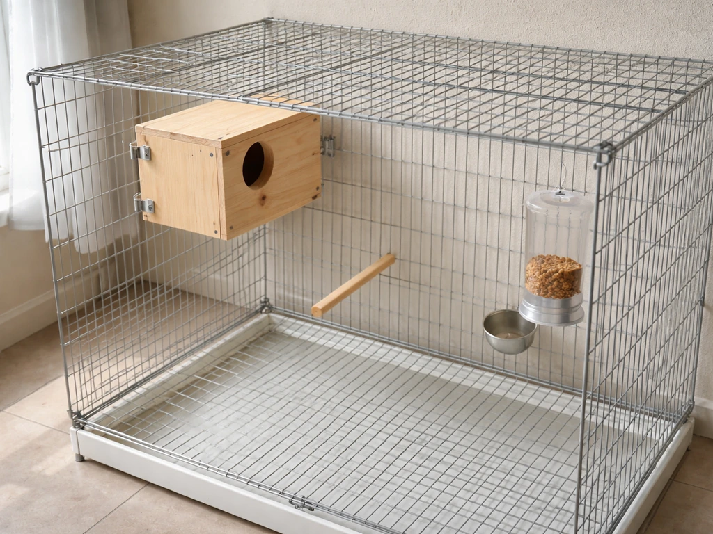 Minimal view of a bird cage with an installed nest box and clear spacing from feeders and airflow sources.