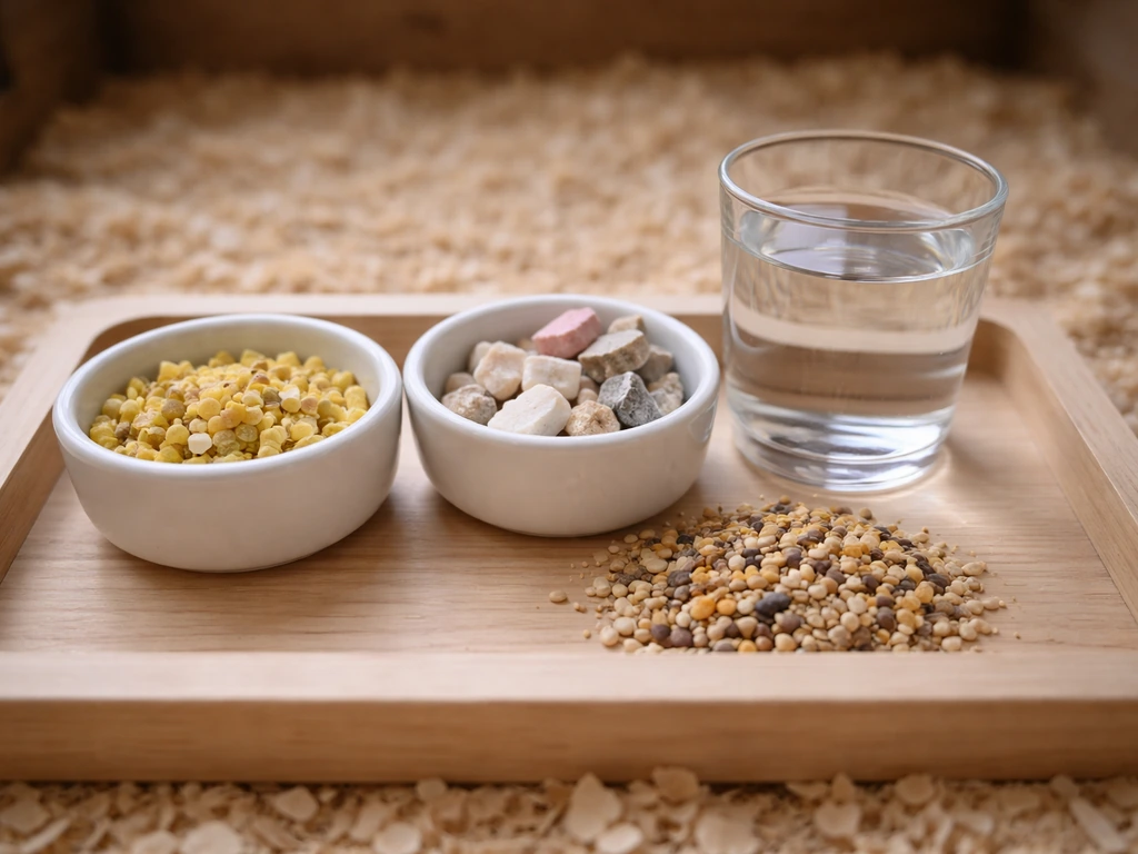 Neat breeding feed setup with egg food, cuttlebone, seeds, and fresh water in a clean coop.
