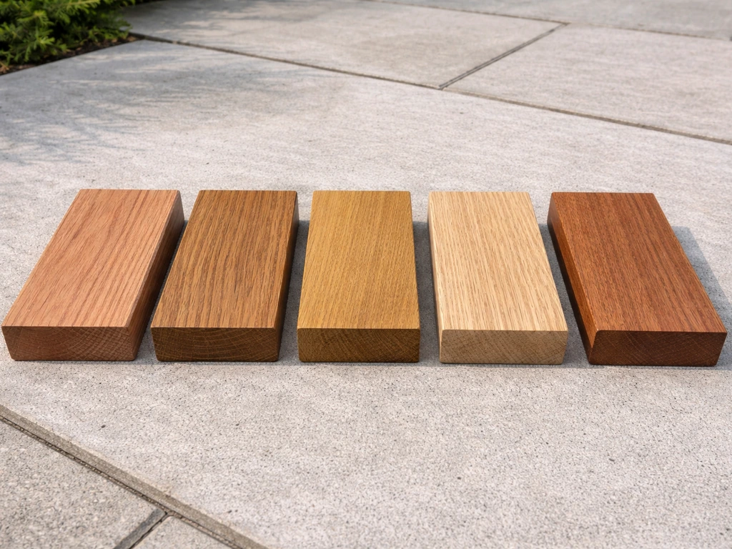 Side-by-side wood samples showing natural grains of rot-resistant options for a bird table.