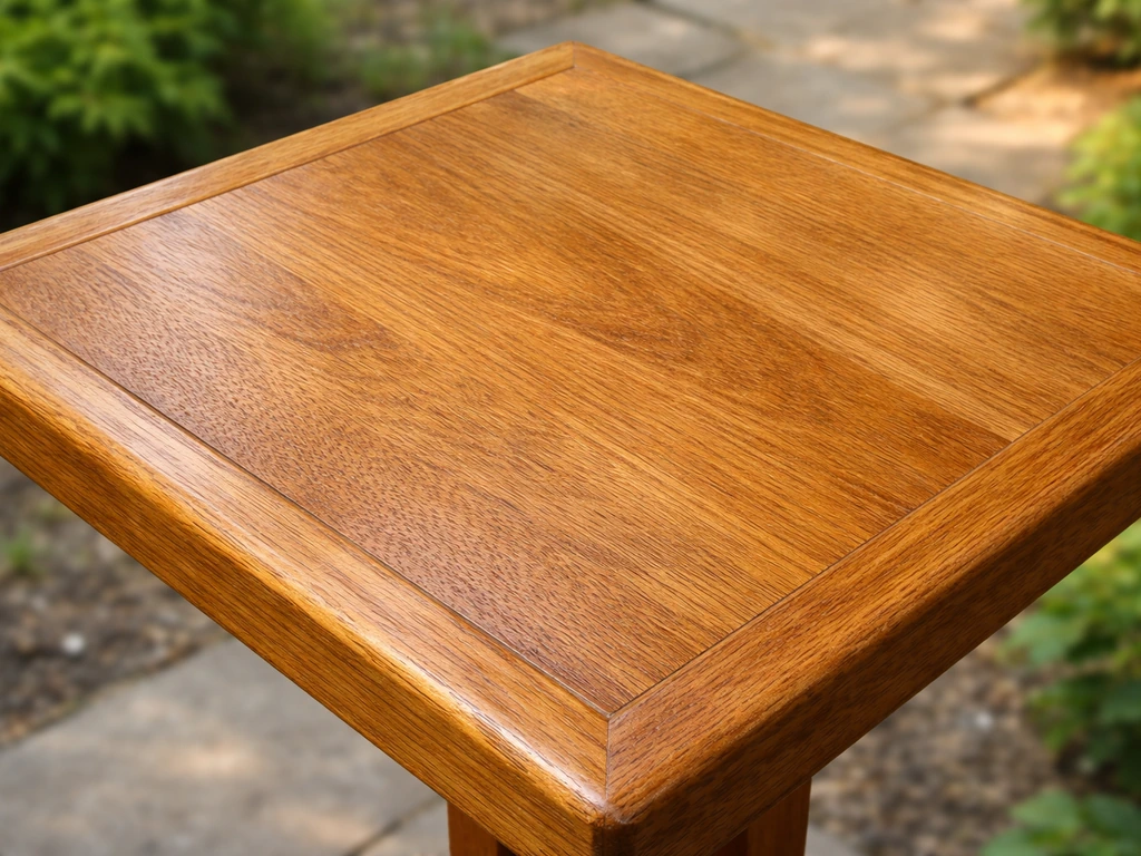 Close-up of an outdoor teak bird table section showing warm honey-brown wood grain