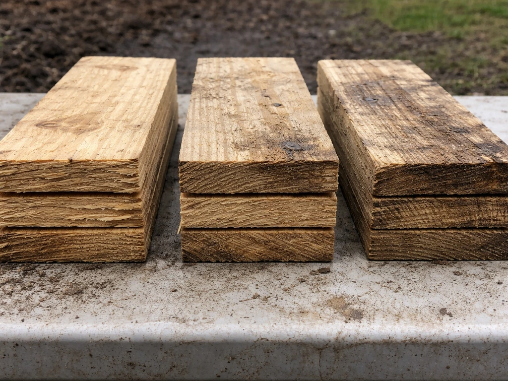 Close-up of untreated pine/spruce/fir boards with softened, delaminating wood texture from moisture