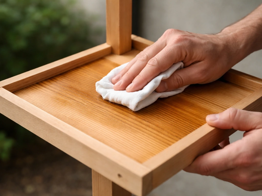 Hand applying pure tung oil to a small bird table, leaving a smooth matte finish on dry wood.