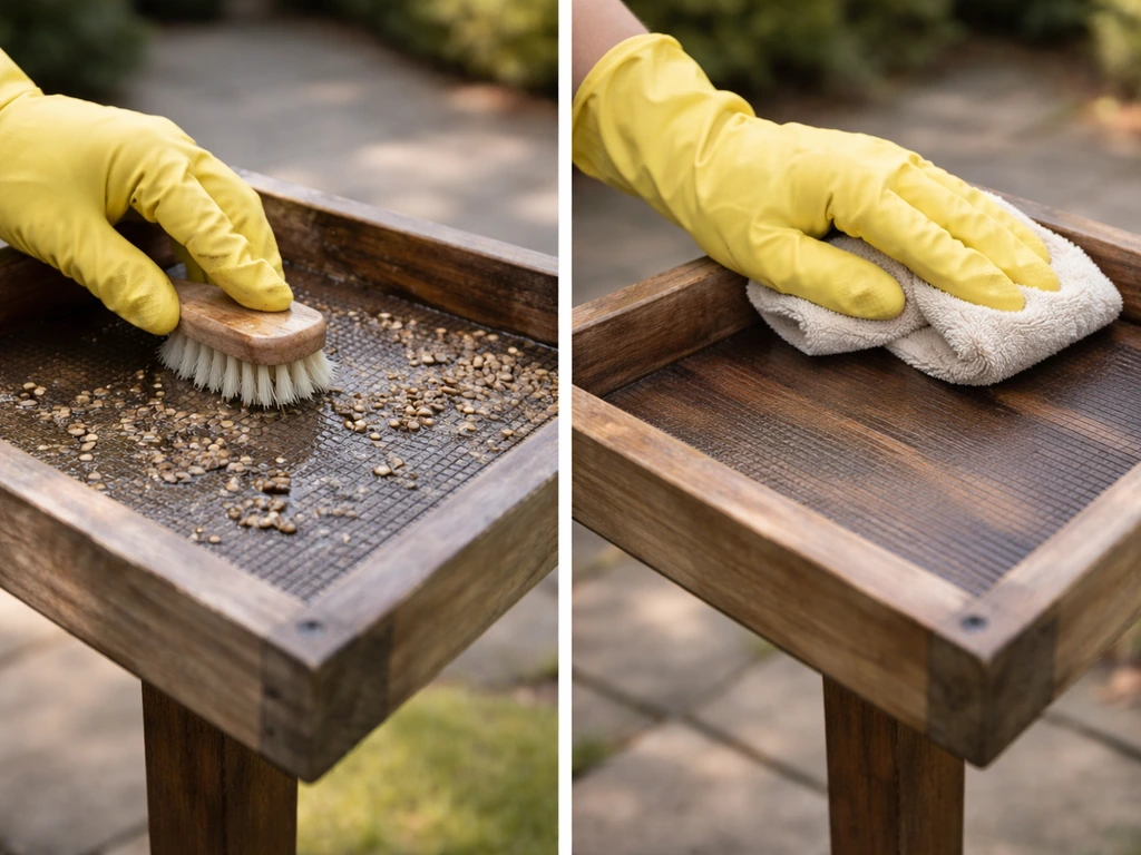 Gloved hands scrubbing and wiping a bird table tray clean, ready for birds