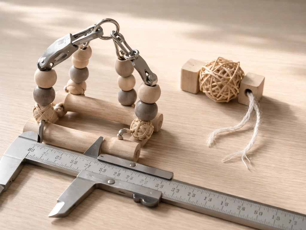 Close tabletop photo of a small parrot toy with measuring calipers and a dangling string hazard detail.