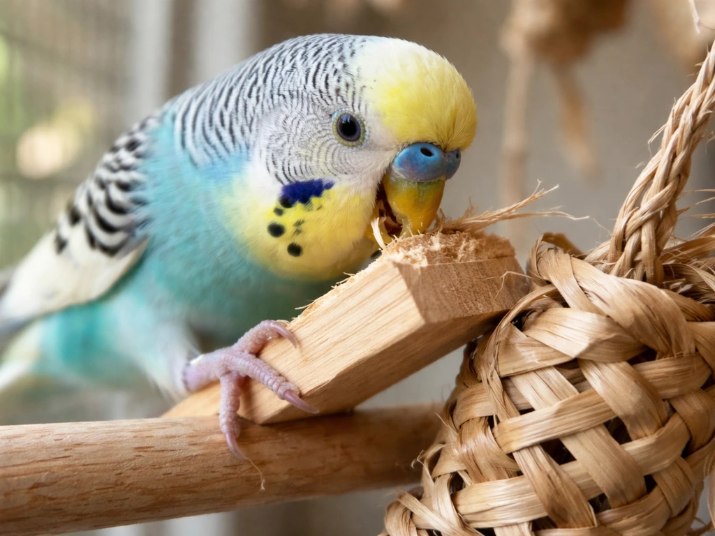 Budgie chewing a small untreated wood toy while shredding natural woven palm material