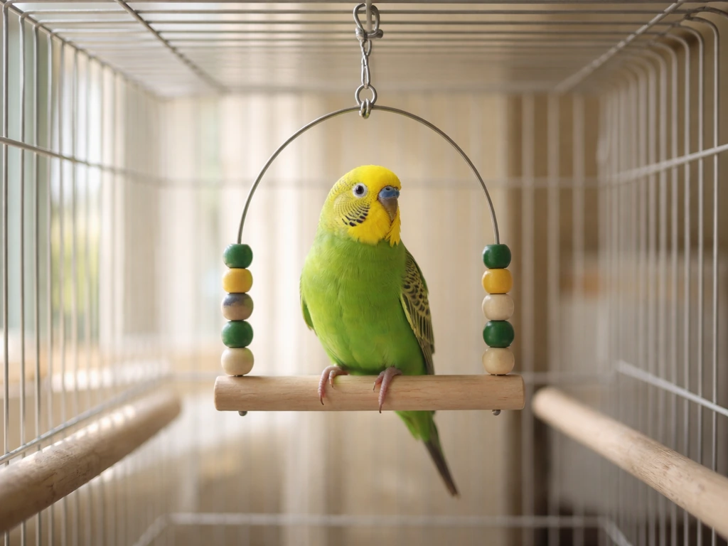 Green parakeet perched on a simple hanging swing inside a clean wire cage.