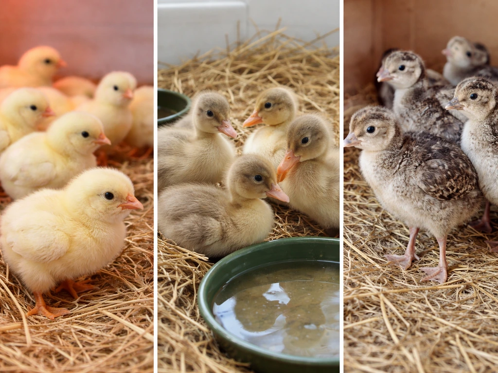 Side-by-side broiler chicks, Pekin ducklings, and turkey poults in simple backyard brooders.