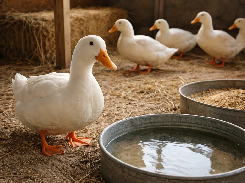 White Pekin ducks in a clean coop near shallow water and a feeder on straw bedding.