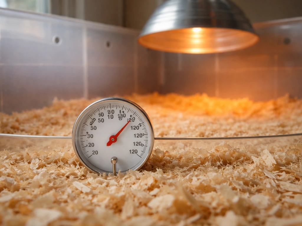 Close-up of a brooder area with a heat lamp, guard ring, and a thermometer placed at chick level.