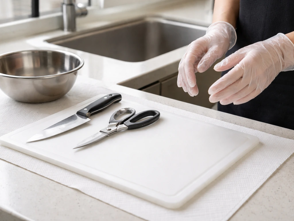 Clean home prep station with food-safe gloves and tools ready for safe poultry processing