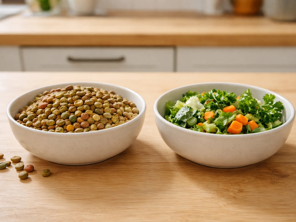 Close-up of two labeled bowls with bird feed and fresh produce for different bird diet needs