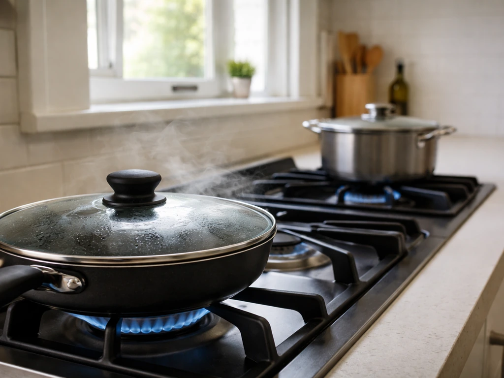 Minimal kitchen stove scene showing a nonstick pan hazard versus a well-ventilated cooking setup.