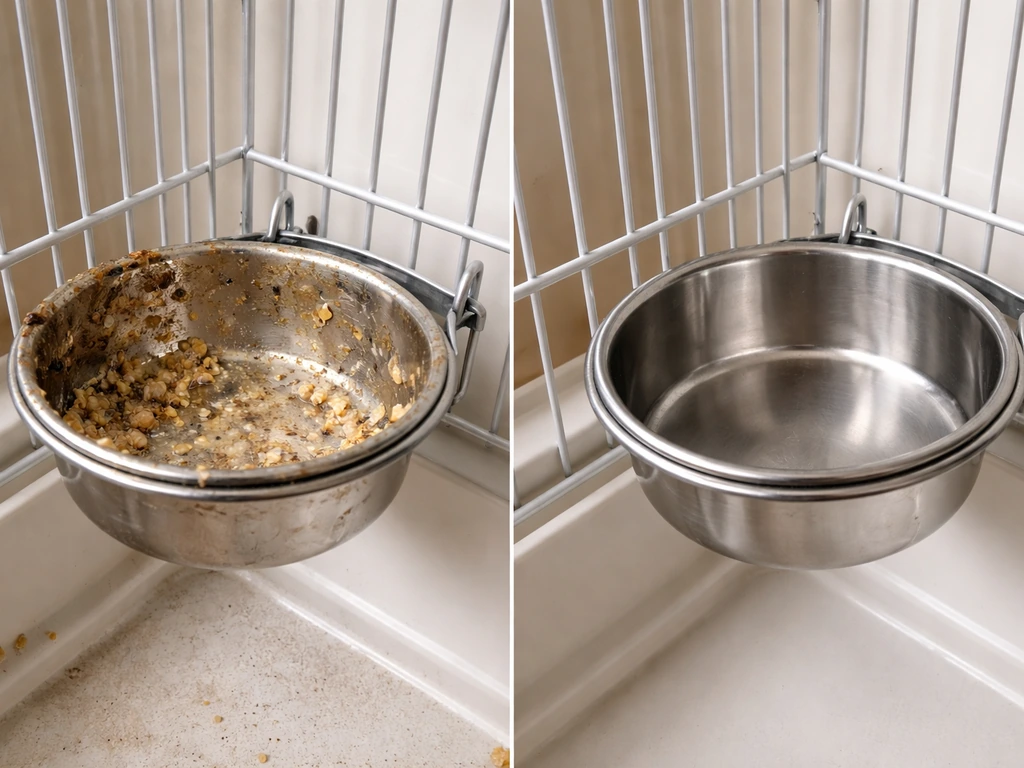 Split view of a dirty cage food dish with old buildup and a freshly cleaned dish beside it.