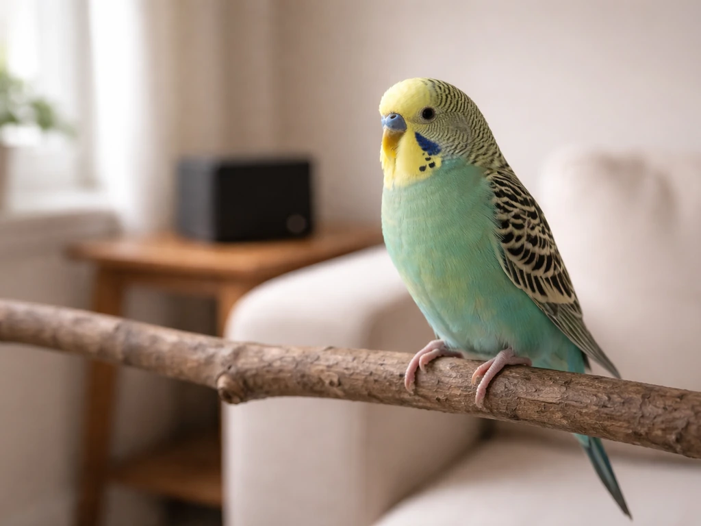 A calm budgie perched near a small speaker in a bright living room, implying subtle flock contact sounds.