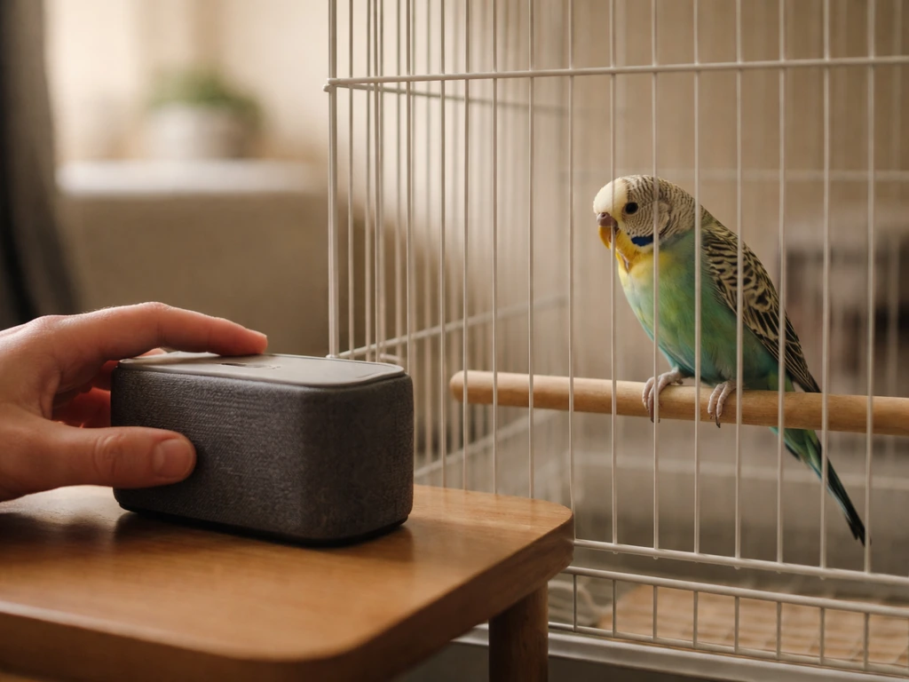 A calm budgie watches a person’s hand near a small speaker playing softly in a quiet room