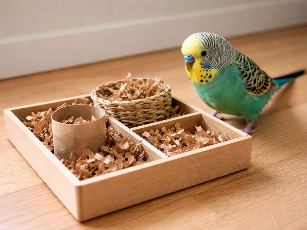 A budgie exploring a simple foraging tray with hidden treats in a quiet room.