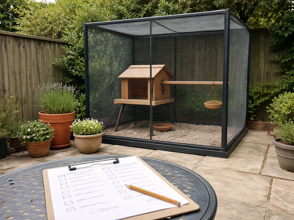 Small outdoor bird aviary with secure mesh and a nearby printed checklist-style notes sheet.